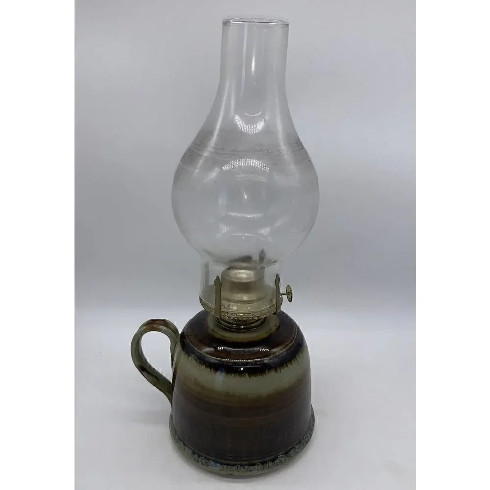Vintage Greg Olson Signed California Handmade Stoneware Oil Lamp with Chimney